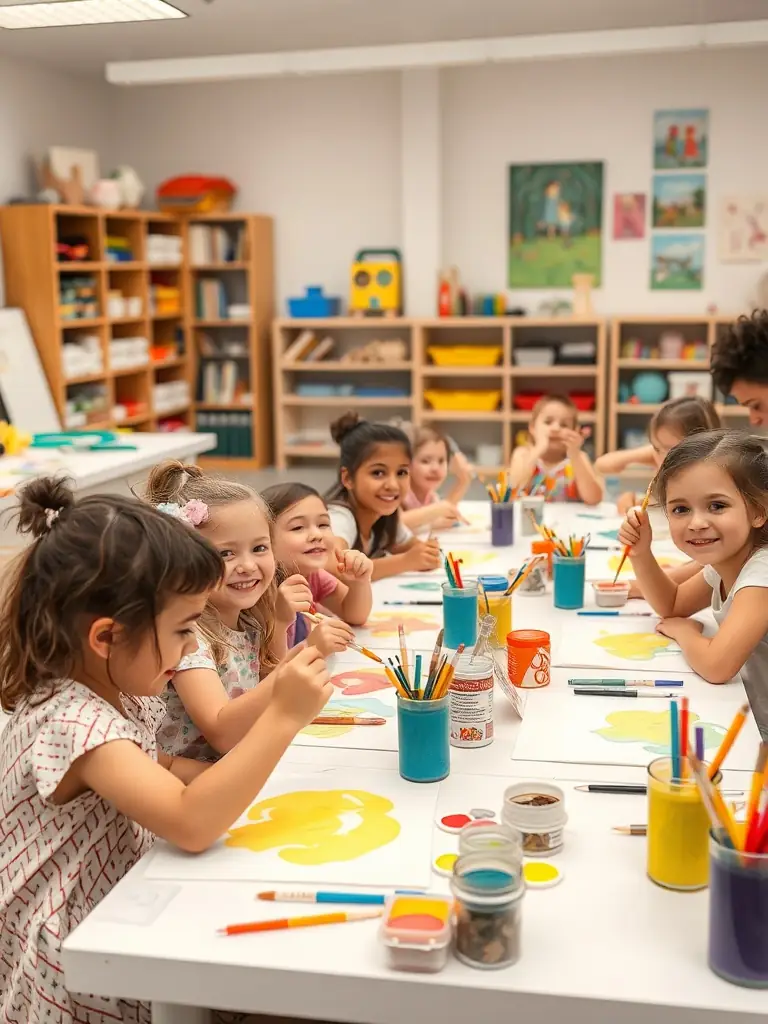 A vibrant photograph capturing a youth art workshop in progress, with children painting and creating under the guidance of an instructor, showcasing ZMS's commitment to arts education.