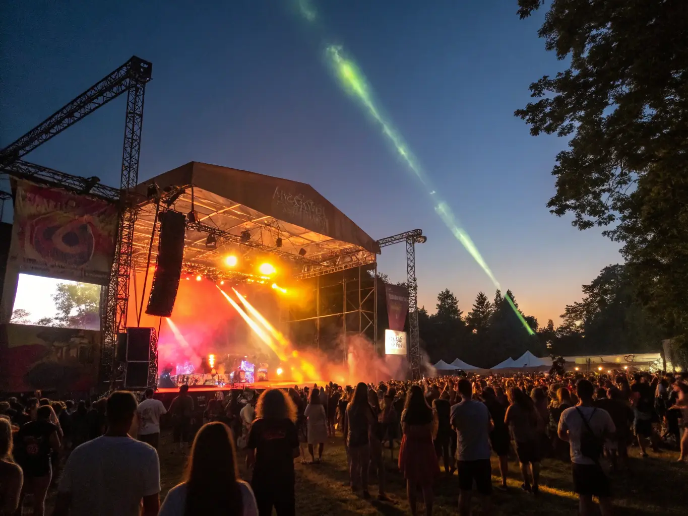 A vibrant outdoor music festival scene with diverse crowds enjoying live performances under colorful stage lighting, capturing the energy and excitement of a ZMS-supported event.