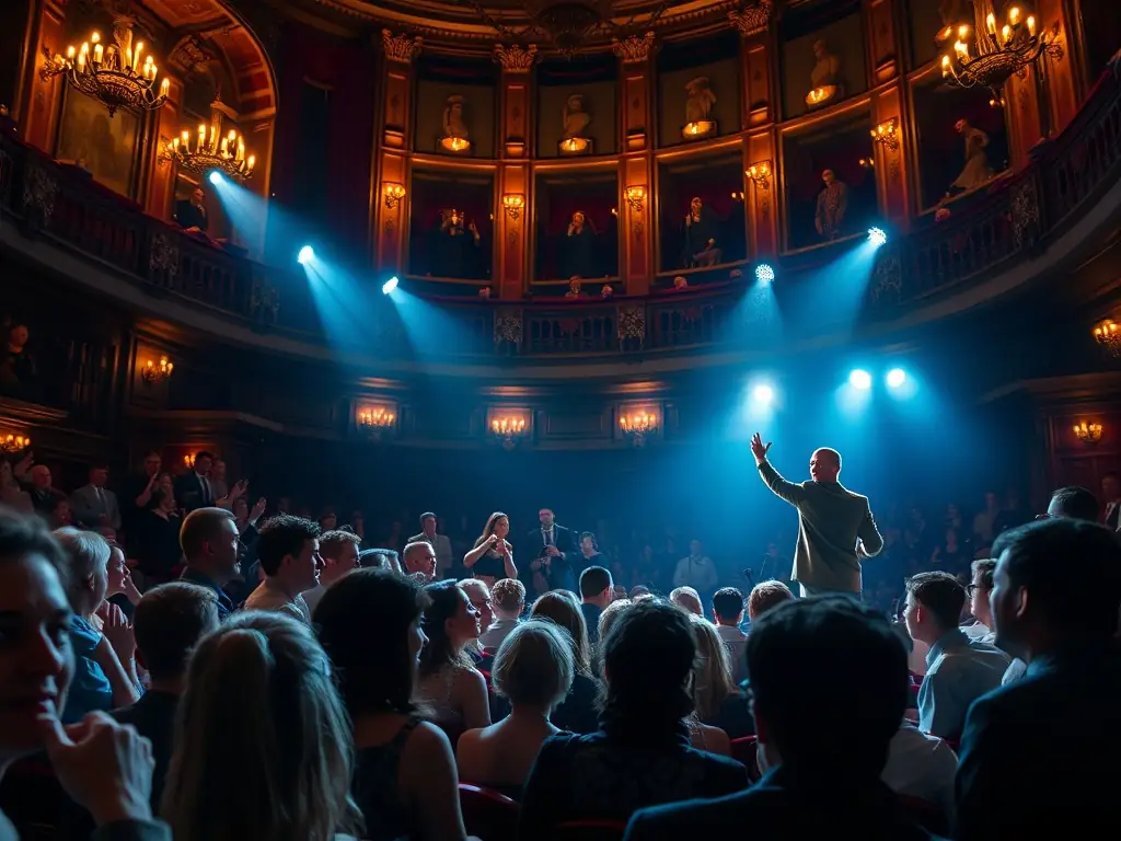 A theatrical performance in a historic venue, capturing the drama and emotion of a ZMS-produced play with talented actors and a captivating storyline.