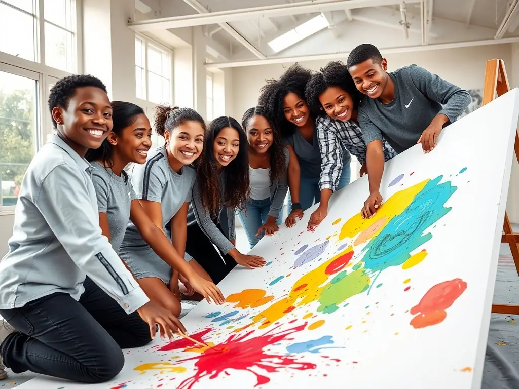A vibrant image depicting participants actively engaged in a ZMS-sponsored art workshop, showcasing collaborative painting and creative expression.