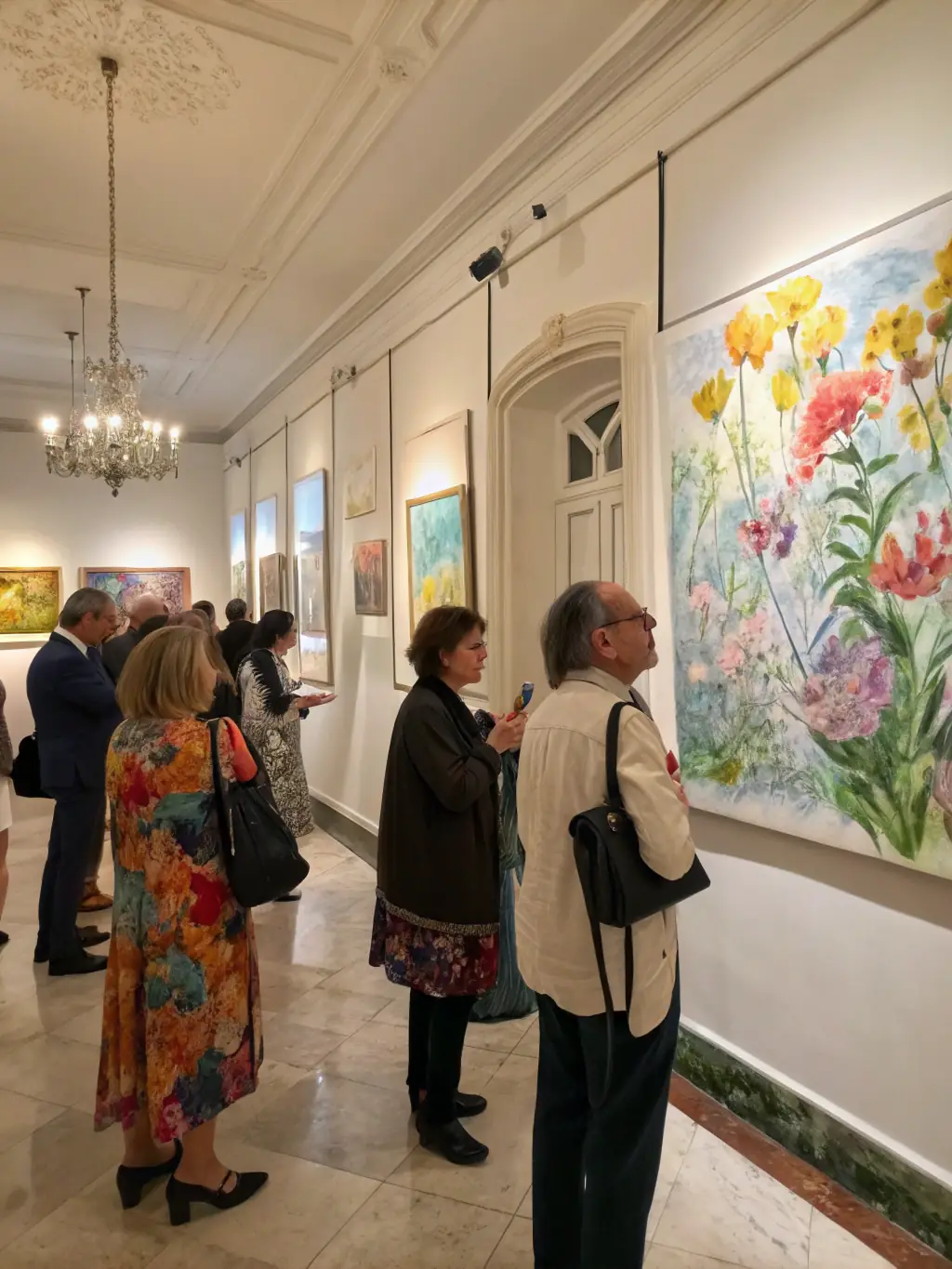 A photograph of an art exhibition opening, with attendees admiring the artwork and engaging in conversation, representing ZMS's role in promoting visual arts and cultural events.