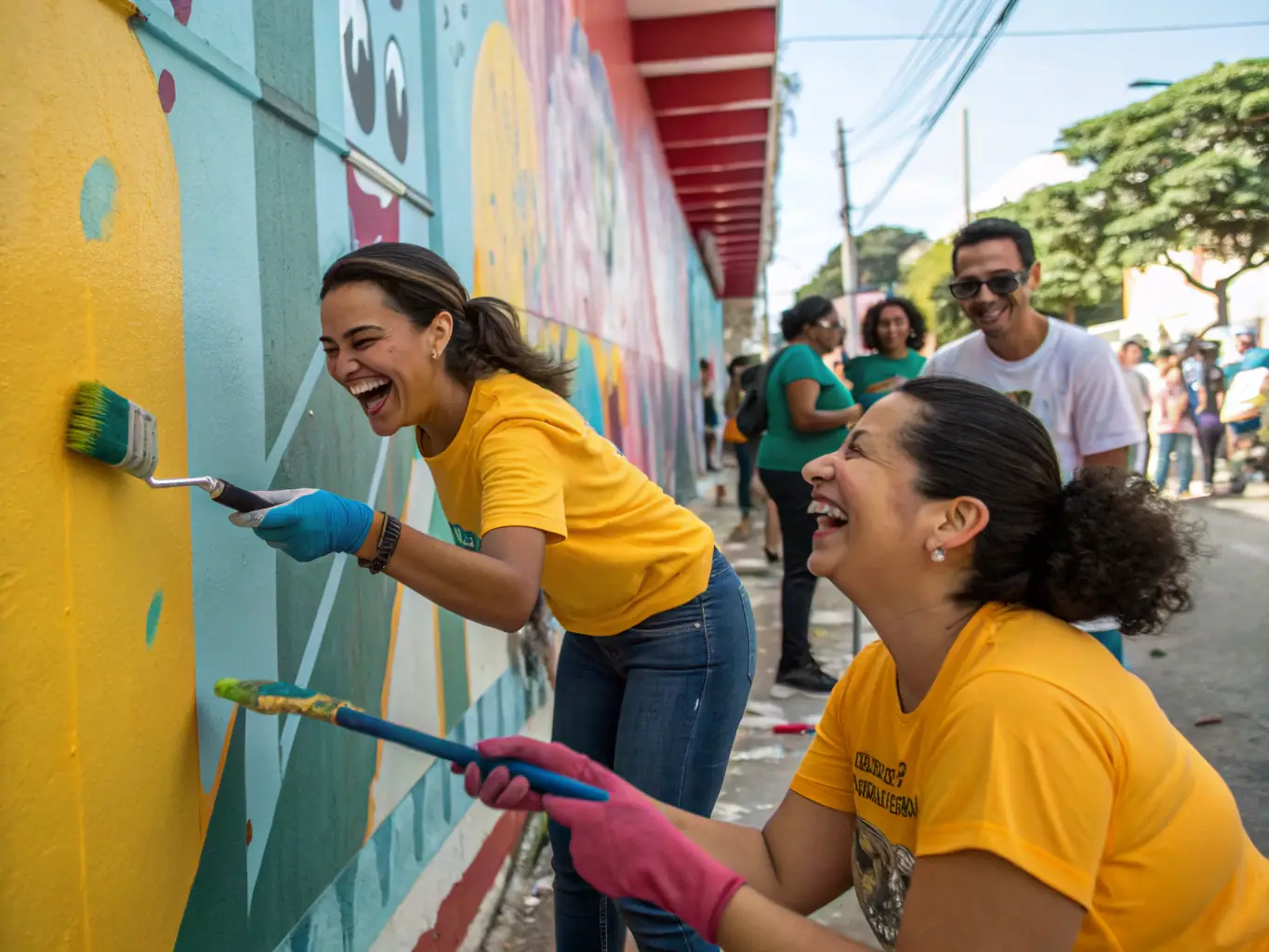 A photograph capturing a ZMS community project in action, showing volunteers and local residents working together to create a mural in a public space.