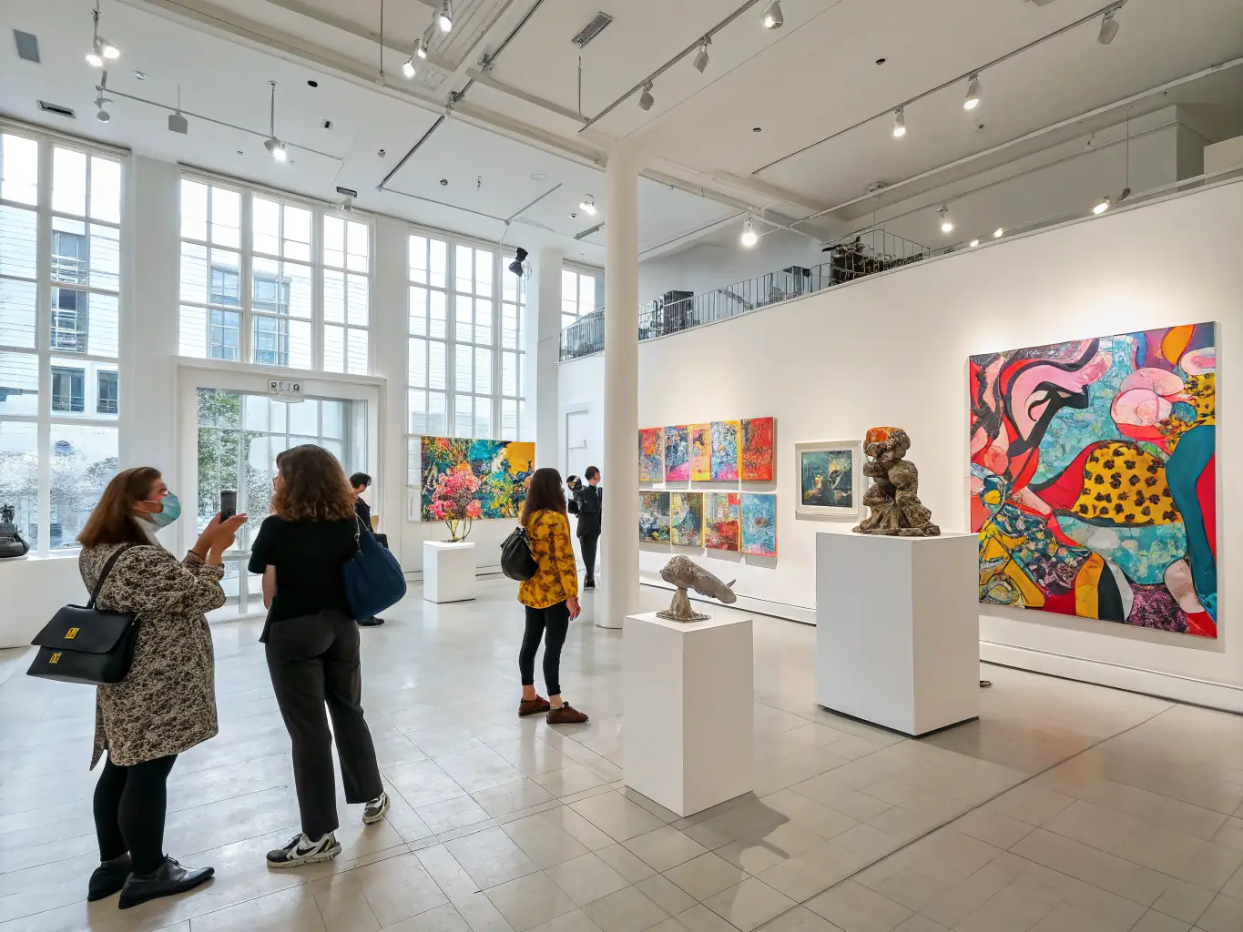 A modern art exhibition showcasing innovative installations and sculptures, highlighting the artistic talent supported by ZMS and the immersive experience offered to visitors.